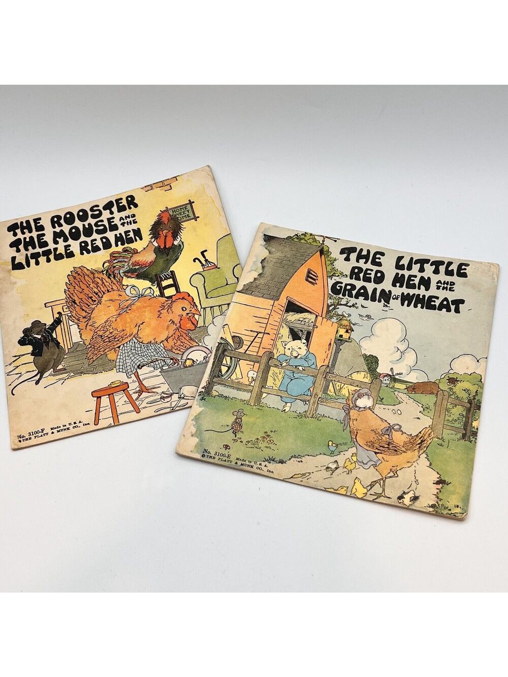2 Vtg Childrens Books Little Red Hen Rooster Mouse Grain of Wheat Farm